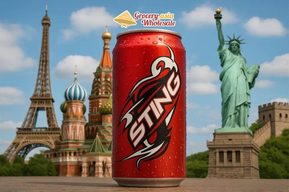 A collage of Sting Energy Drink with global landmarks representing its worldwide impact.
