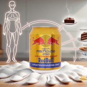 Red Bull sugar content compared to chocolate cake, cookies, and caffeine levels, showing health impact on the body.