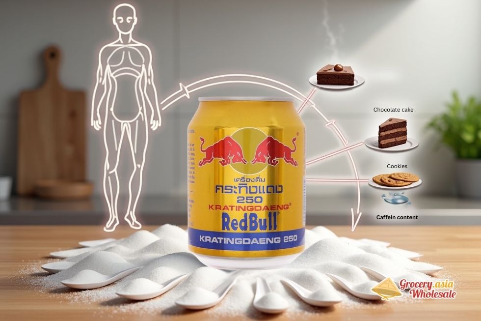 Red Bull sugar content compared to chocolate cake, cookies, and caffeine levels, showing health impact on the body.