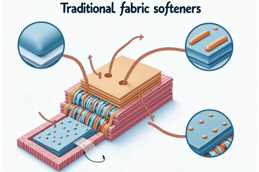 Infographic showing how traditional fabric softeners use quaternary ammonium compounds to bond with fabric fibers, creating a smooth protective coating that reduces friction but lowers towel absorbency and clogs moisture-wicking fabrics.