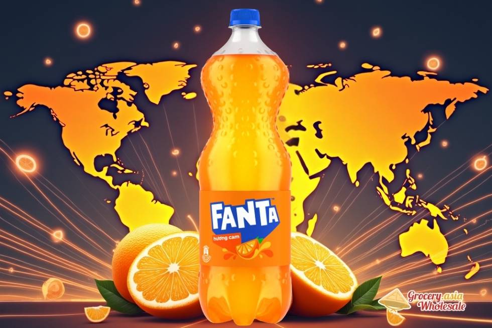 Bottle of Fanta Orange in front of a glowing world map symbolizing Coca-Cola Company’s ownership and global distribution of the brand.