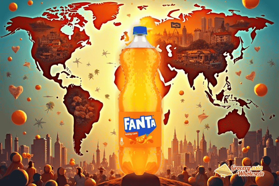 Fanta orange soda bottle in front of a world map symbolizing The Coca-Cola Company’s global ownership and distribution in over 190 countries.