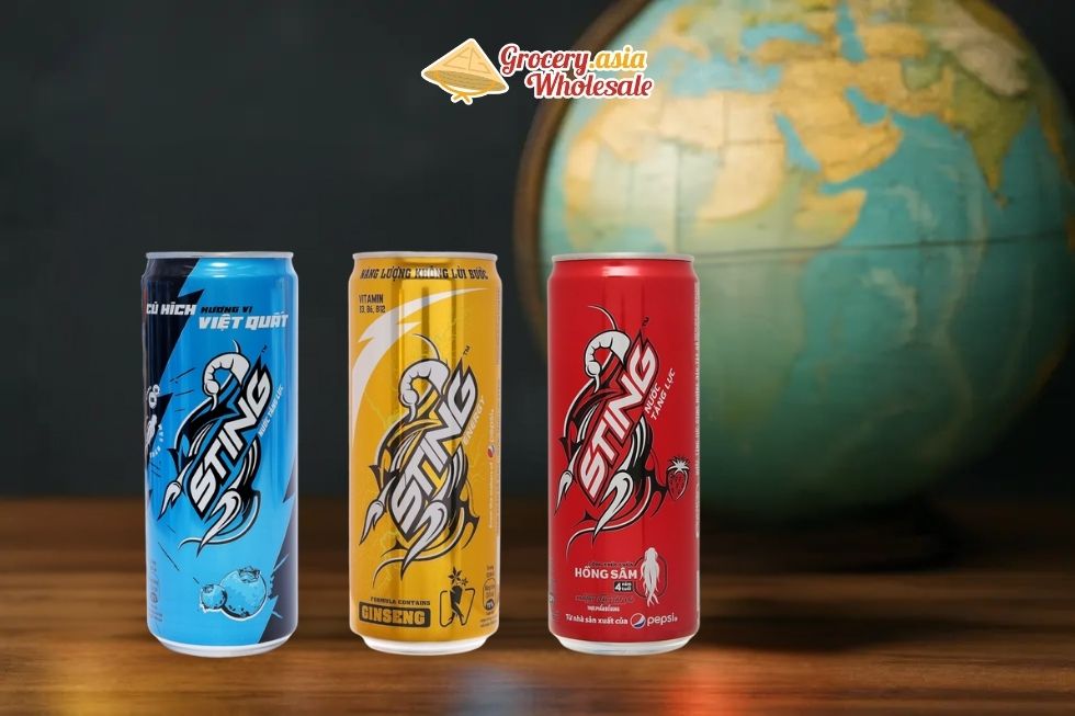 Cans of Sting Energy Drink with a globe, representing market reach and potential.