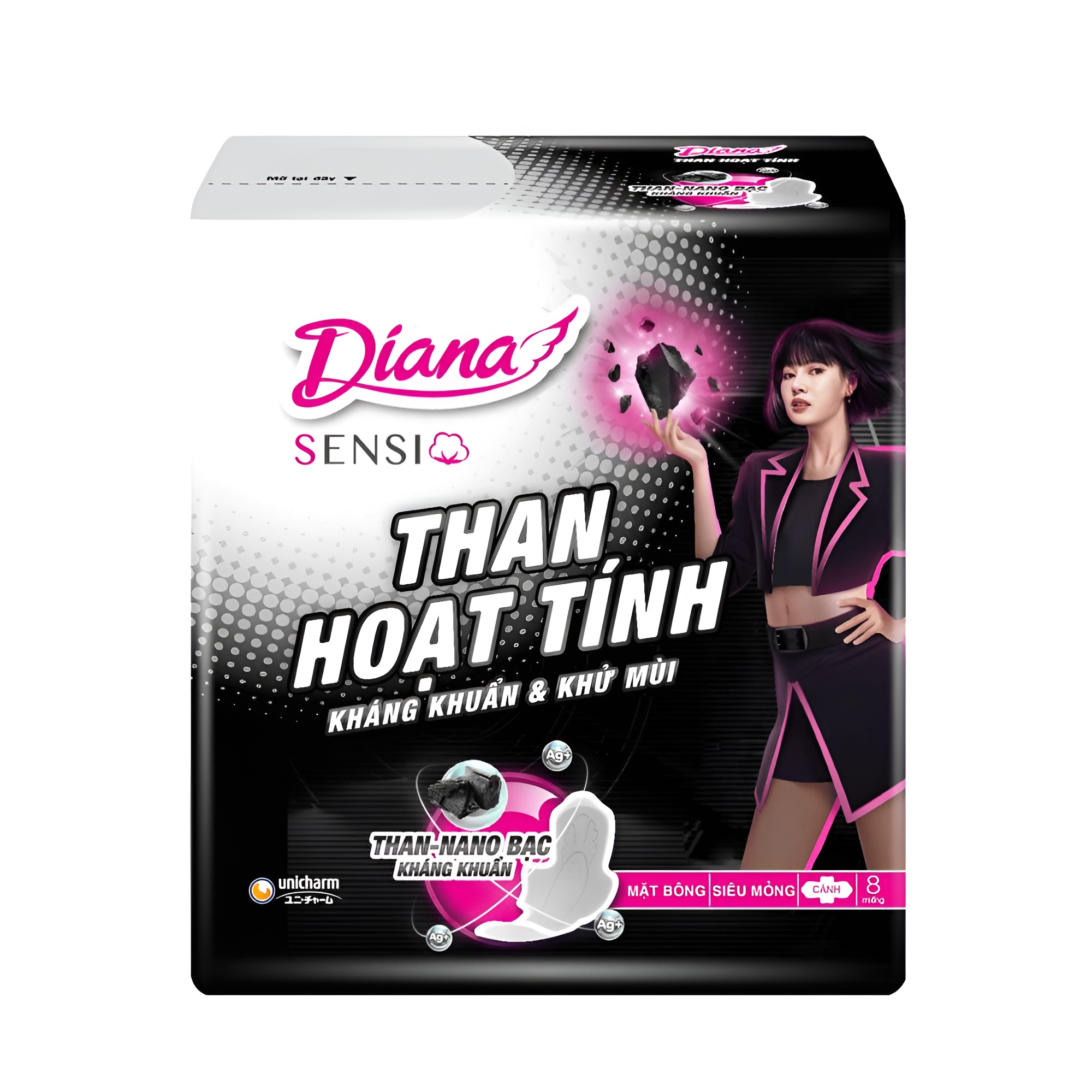 Diana Sensi Activated Charcoal Super Absorbent Ultra Thin Winged Sanitary Pads 23cm – 8 Pads